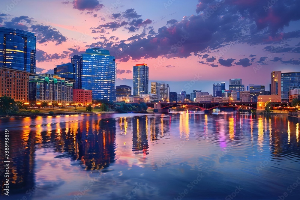 Dynamic city skyline at twilight With illuminated buildings reflecting off the river Capturing the vibrant urban life