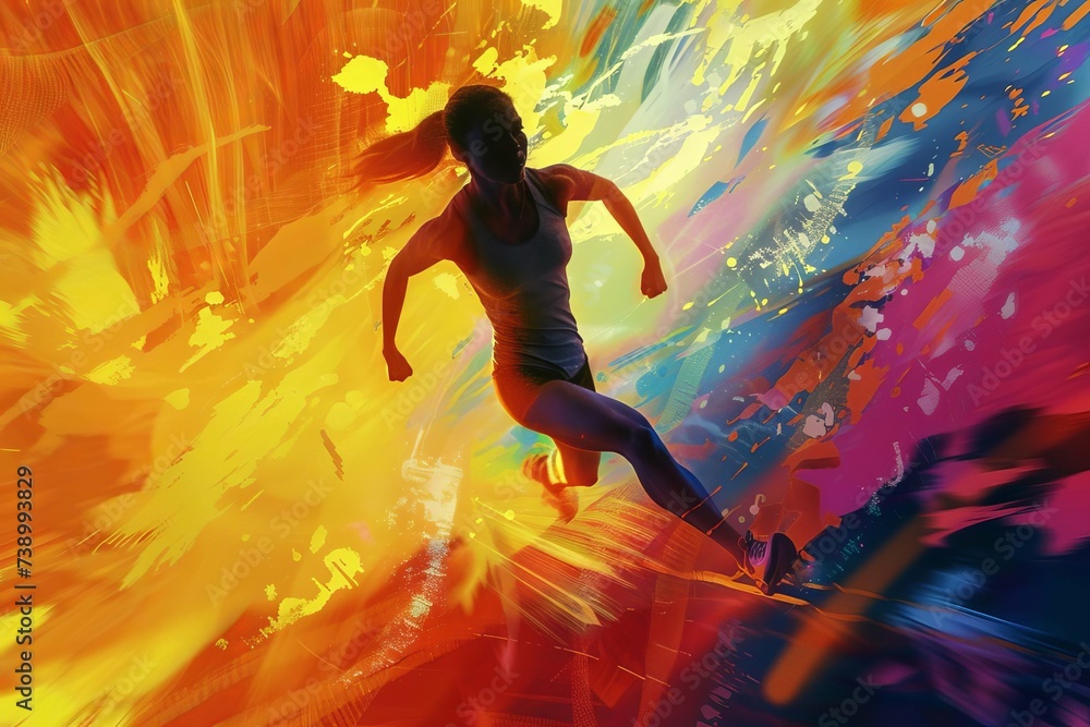 Dynamic illustration of a female runner sprinting with vibrant energy against an abstract Colorful background.