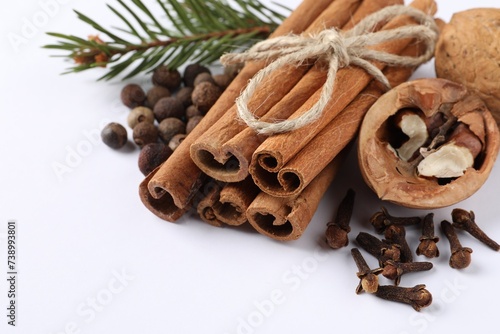Different spices, nuts and fir branch on white table, closeup. Space for text