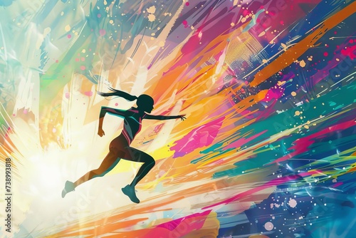 Dynamic illustration of a female runner sprinting with vibrant energy against an abstract Colorful background.