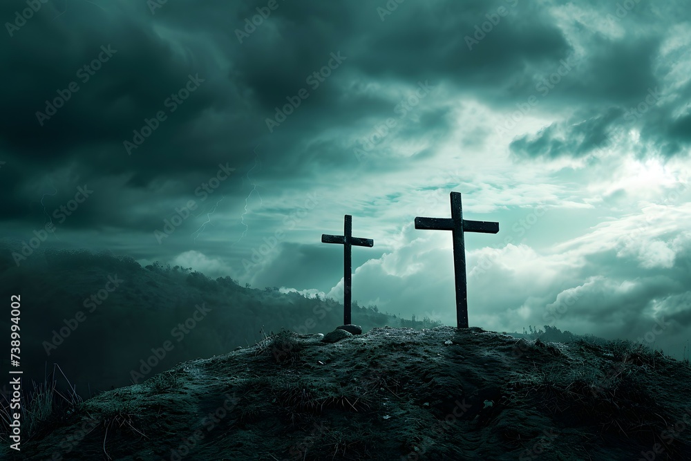 Multiple crosses on a dark hill under a brooding stormy sky Multiple crosses on a dark hill under a brooding stormy sky