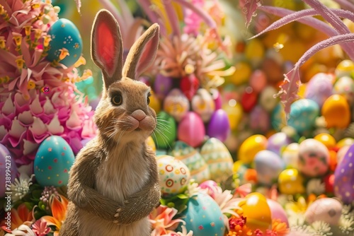 Easter celebration with a whimsical bunny surrounded by a vibrant collection of easter eggs in a joyful Festive setting.
