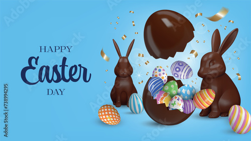 easter banner with chocolate rabbits and colorful eggs. easter background with eggs in a hatched chocolate egg