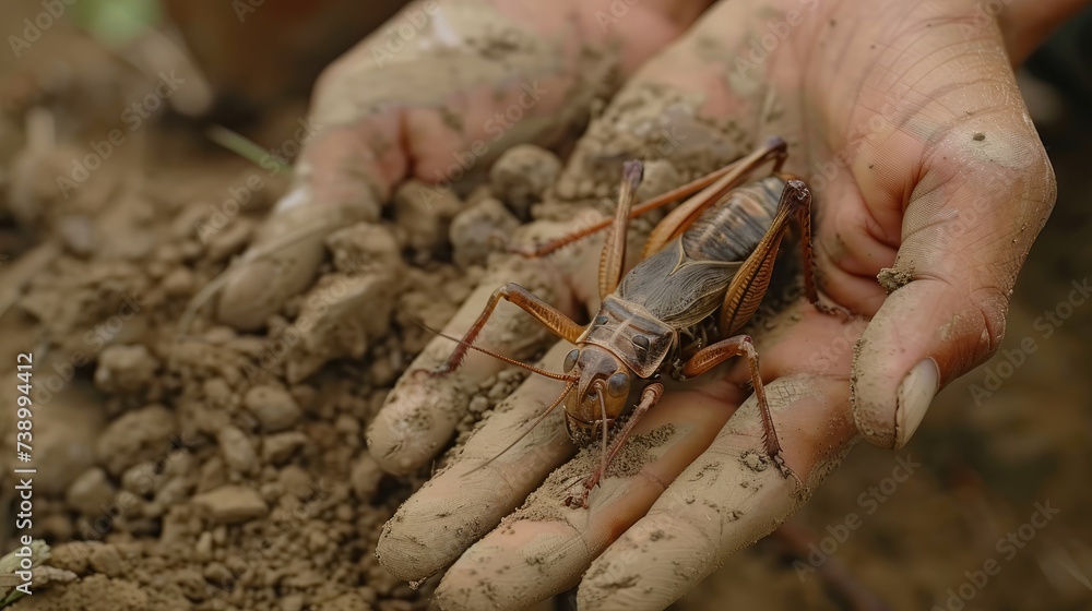 Obraz premium Crickets, flying insects in Thailand Lives in the basement with big hands to dig the dirt.