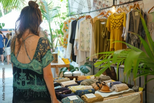 Eco-chic fashion pop-up store Featuring sustainable clothing lines and accessories Promoting ethical consumerism in a stylish setting photo