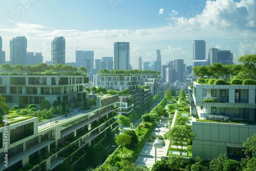  Eco-friendly cityscape with green rooftops and renewable energy sources Promoting sustainable urban living.