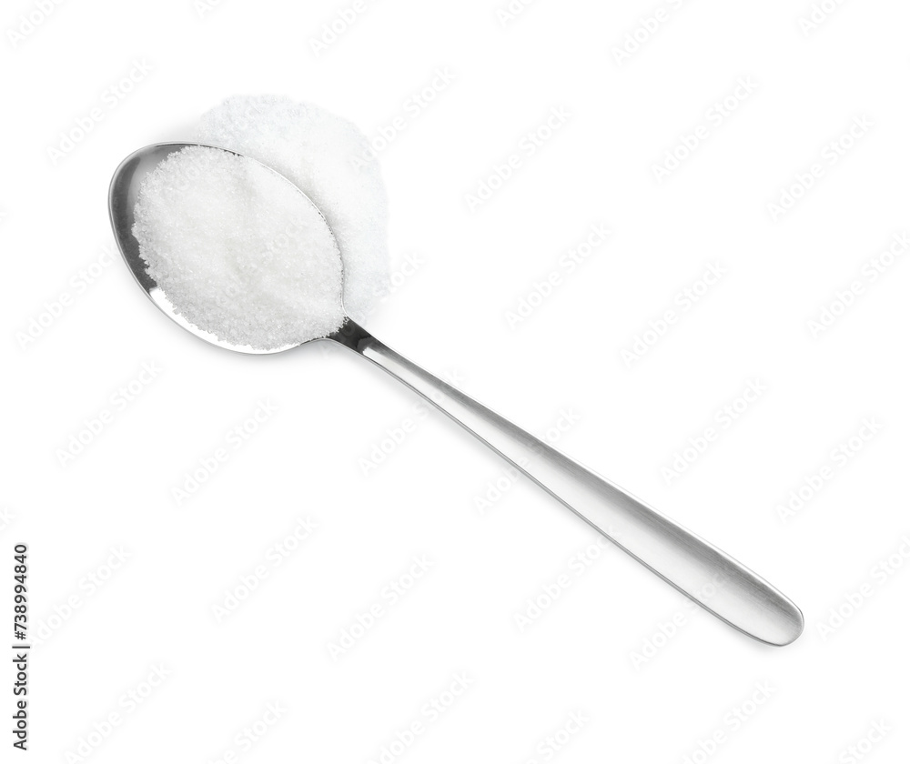 Spoon with granulated sugar isolated on white, top view Spoon with granulated sugar isolated on white, top view