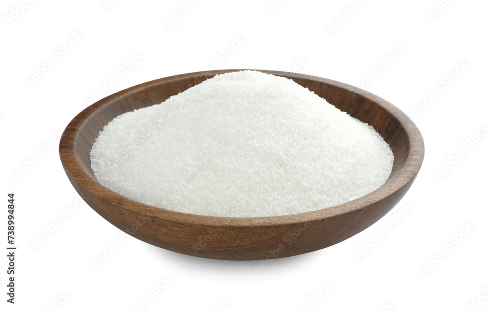 Granulated sugar in bowl isolated on white