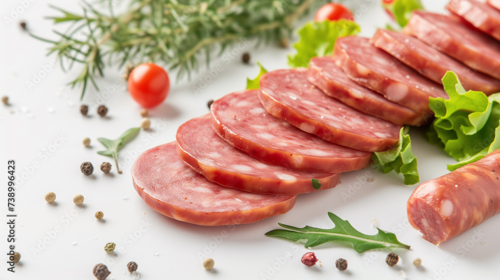 A close-up image showcasing slices of salami, adorned with fresh green herbs and scattered peppercorns, set against a white background.