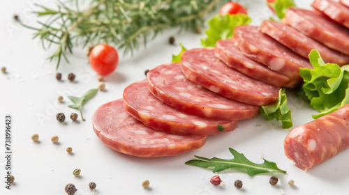A close-up image showcasing slices of salami, adorned with fresh green herbs and scattered peppercorns, set against a white background.