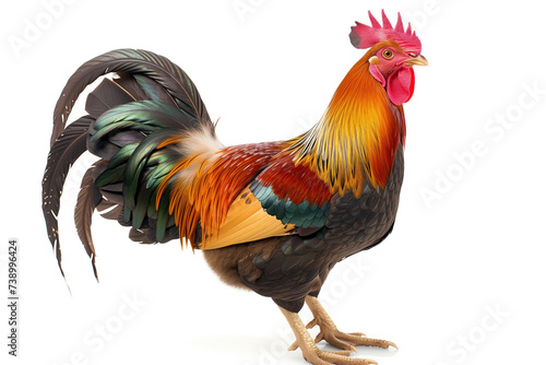 A majestic rooster showcasing a mix of vibrant colors, from the deep greens and blues in its tail feathers to the bright red comb atop its head.