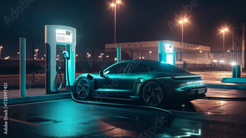 Futuristic Electric Sports Car Powering Up at Urban Charging Station Under Neon Lights © Mark