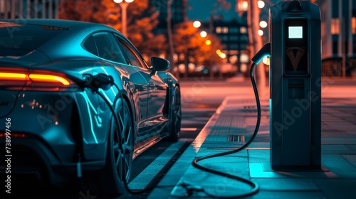 Futuristic Electric Sports Car Powering Up at Urban Charging Station Under Neon Lights