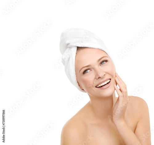 Hair, towel and thinking by happy woman with mockup in studio for shampoo or cosmetics on white background. Haircare, face and female model brainstorming DIY ideas for beauty, treatment or wellness