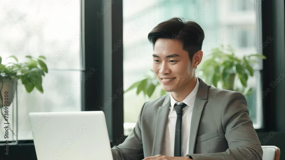 Man working with computer laptop on blur office background.
