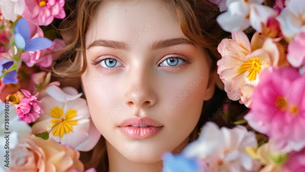 Young girl face surrounded with many colorful flower blooms. Young girl face surrounded with many colorful flower blooms.
