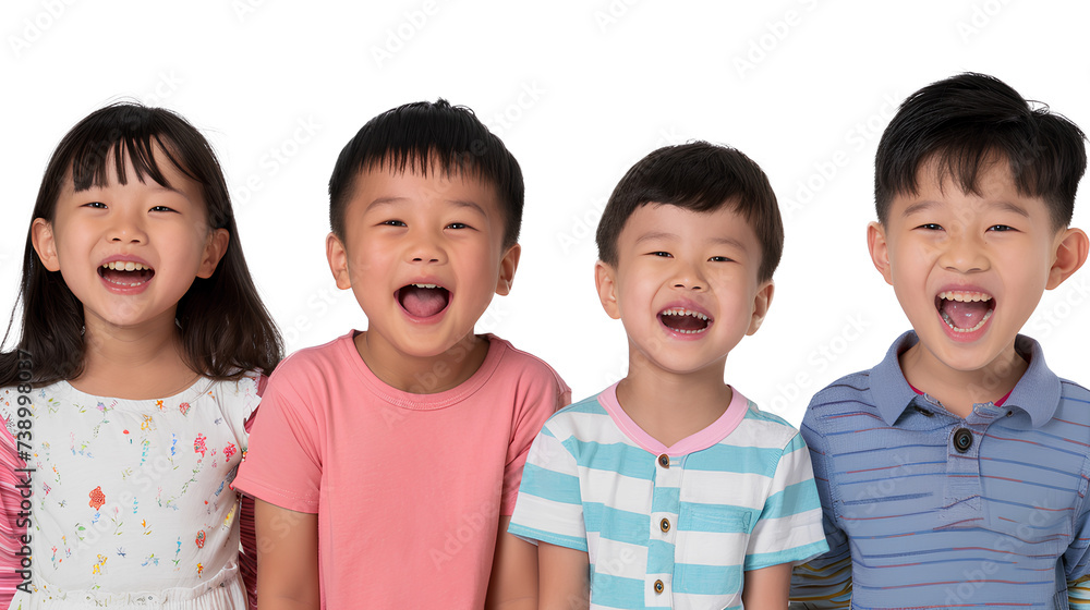 A portrait of four Asian children having fun laughing on white background. Happy, smiling and joyful children. PNG A portrait of four Asian children having fun laughing on white background. Happy, smiling and joyful children. PNG