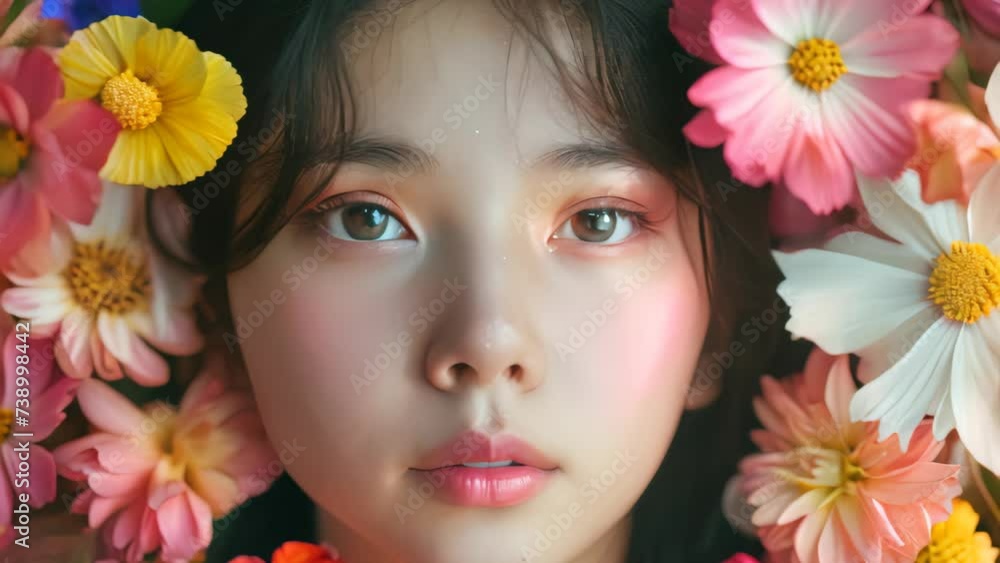 Young girl face surrounded with many colorful flower blooms. Young girl face surrounded with many colorful flower blooms.