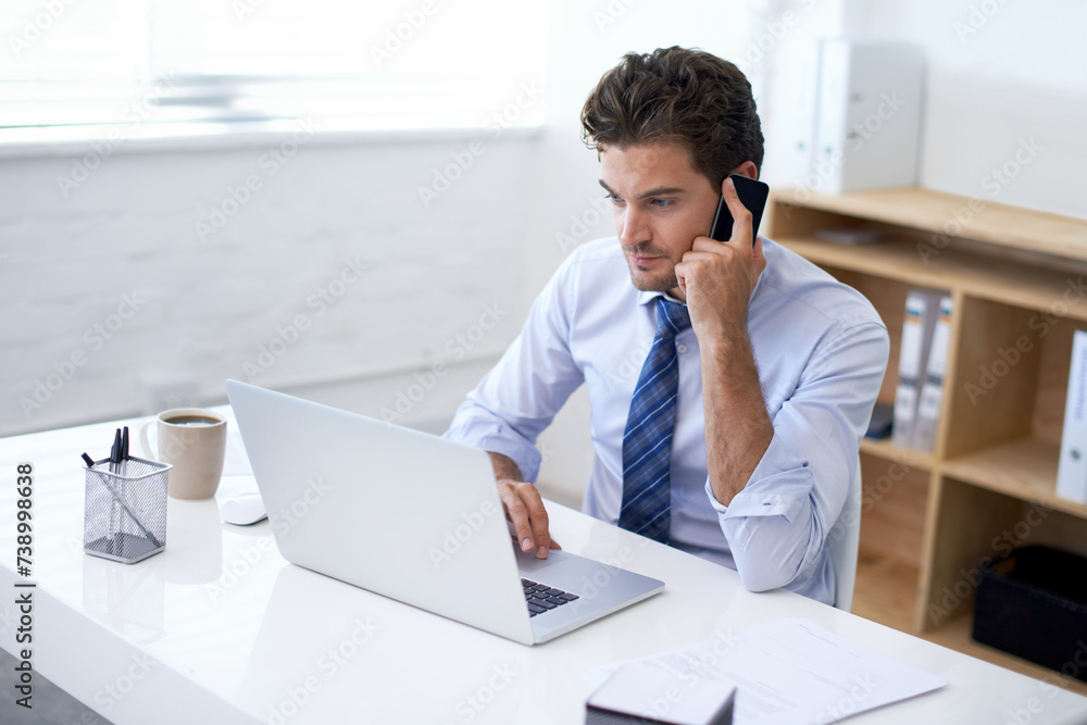 Businessman, working and laptop in phone call with client for feedback and update to discuss terms. Consultation, corporate and progress report stakeholder for project, plan and company growth