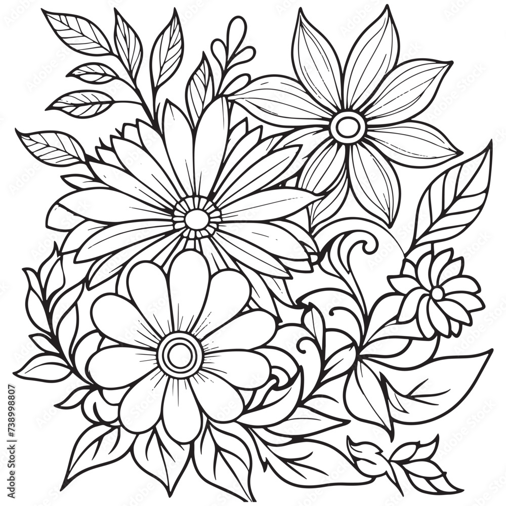 Floral outline drawing coloring book pages for children and adults