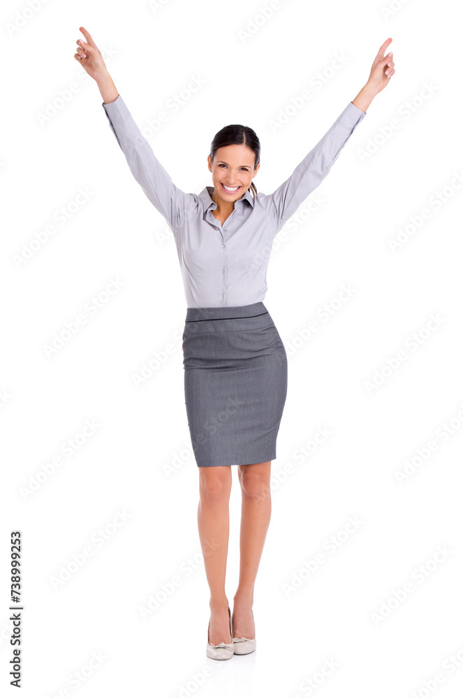Businesswoman, portrait and celebration for achievement as professional lawyer for confident job, winning or promotion. Female person, happy and studio or white background for pride, goals or mockup Businesswoman, portrait and celebration for achievement as professional lawyer for confident job, winning or promotion. Female person, happy and studio or white background for pride, goals or mockup