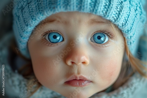 A beautiful baby with big, curious eyes staring at the camera with a captivating expression. An energetic expression baby conveys a mixture of admiration and curiosity.