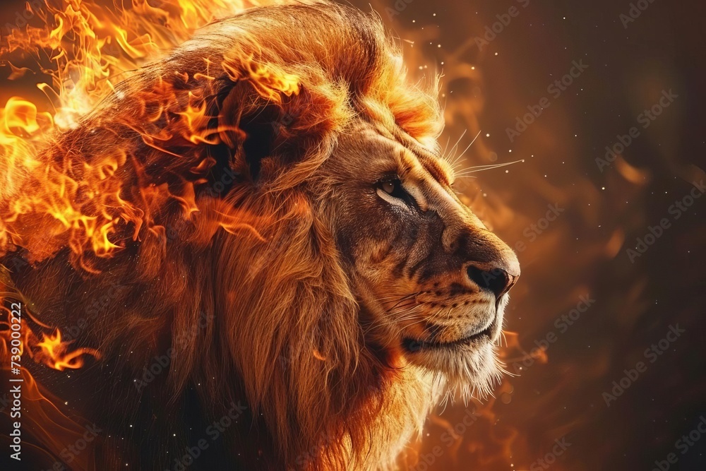 Majestic portrait of a lion with a fiery mane Symbolizing strength Leadership And the untamed spirit of the wilderness Majestic portrait of a lion with a fiery mane Symbolizing strength Leadership And the untamed spirit of the wilderness