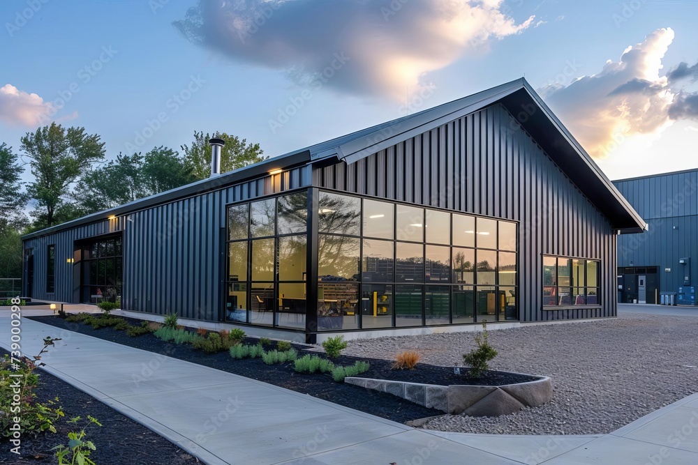 Fototapeta premium Modern steel structure warehouse with expansive interior Showcasing industrial design and logistical efficiency