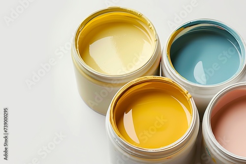 Several containers of wall paint rest on a white surface, displaying a range of vibrant colors and soft nuances. Containers of richly colored paints. photo