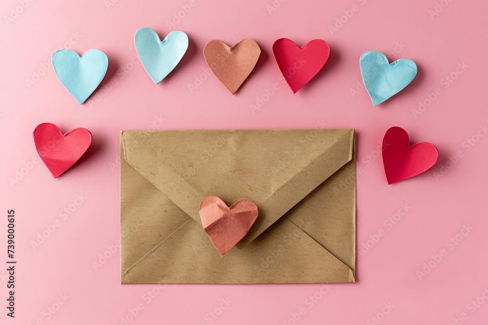 Romantic love letter concept with craft paper hearts on a pink background Symbolizing affection and heartfelt messages for valentine's day or anniversaries