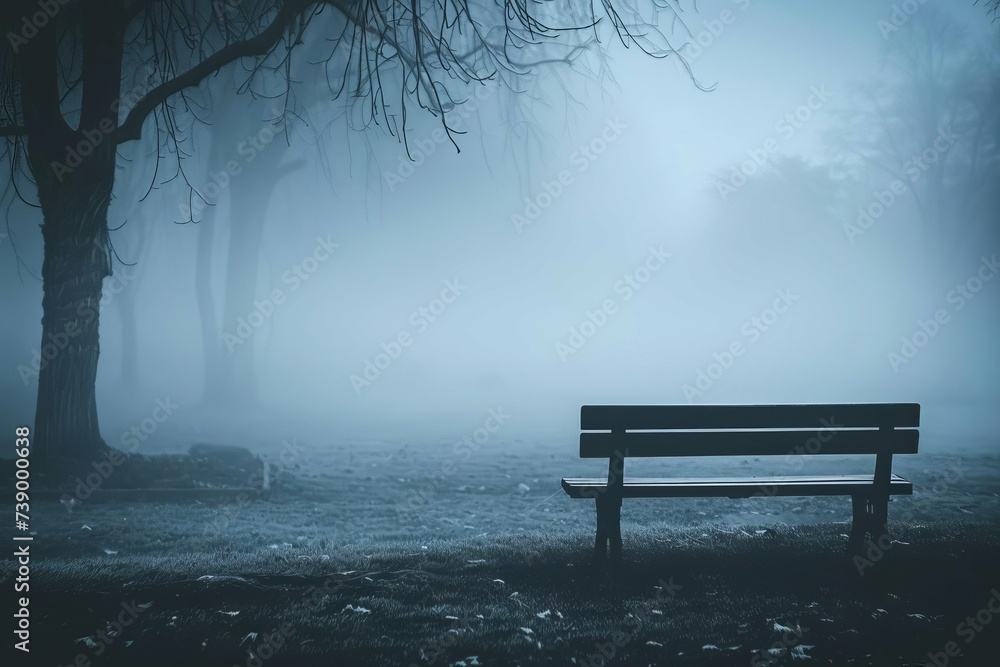 Evening park scene with a wooden bench Enveloped in mist Providing a serene and mysterious atmosphere for contemplation.