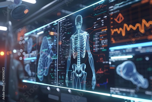 Advanced healthcare concept highlighting futuristic medical technologies With a focus on digital health records Precision medicine And ai-assisted diagnostics in a modern clinical setting.