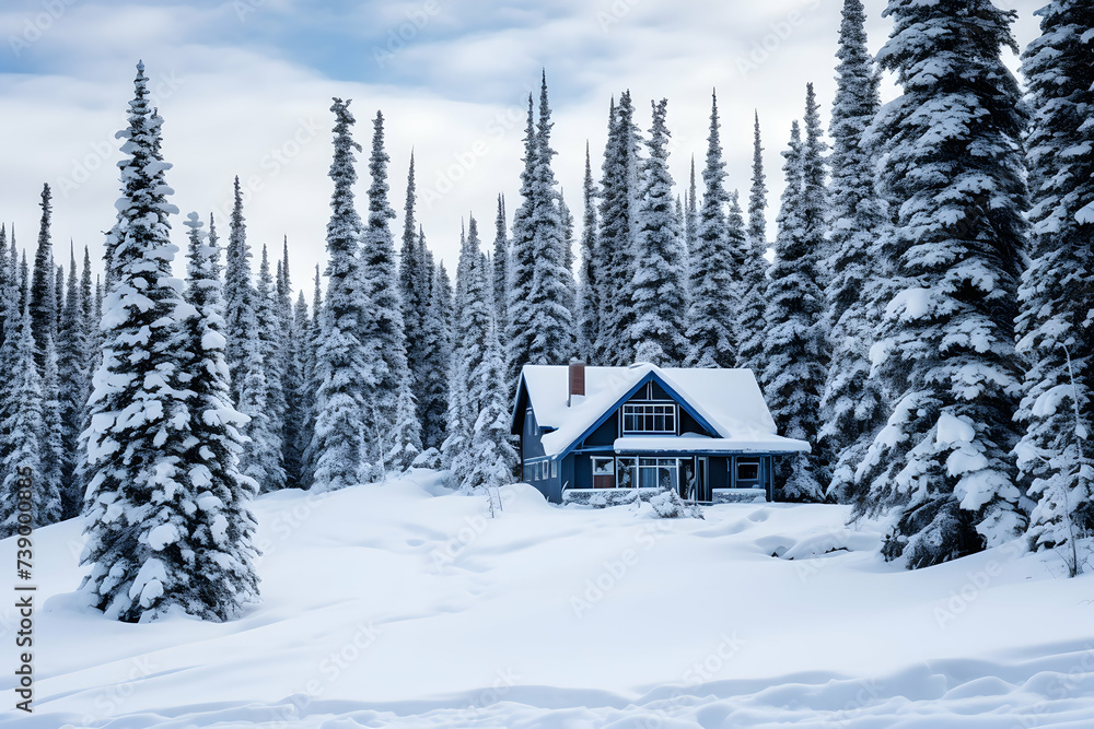 Beautiful winter landscape with snow covered house in the mountains. Blue toned.