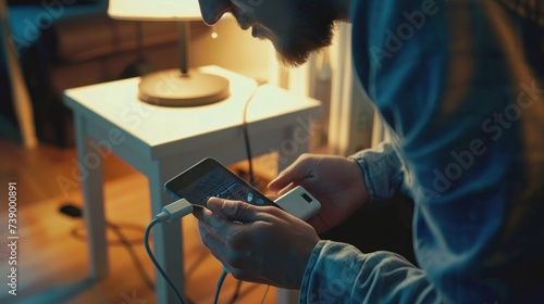A man is switching off power adapters for mobile phones and tablet computers photo