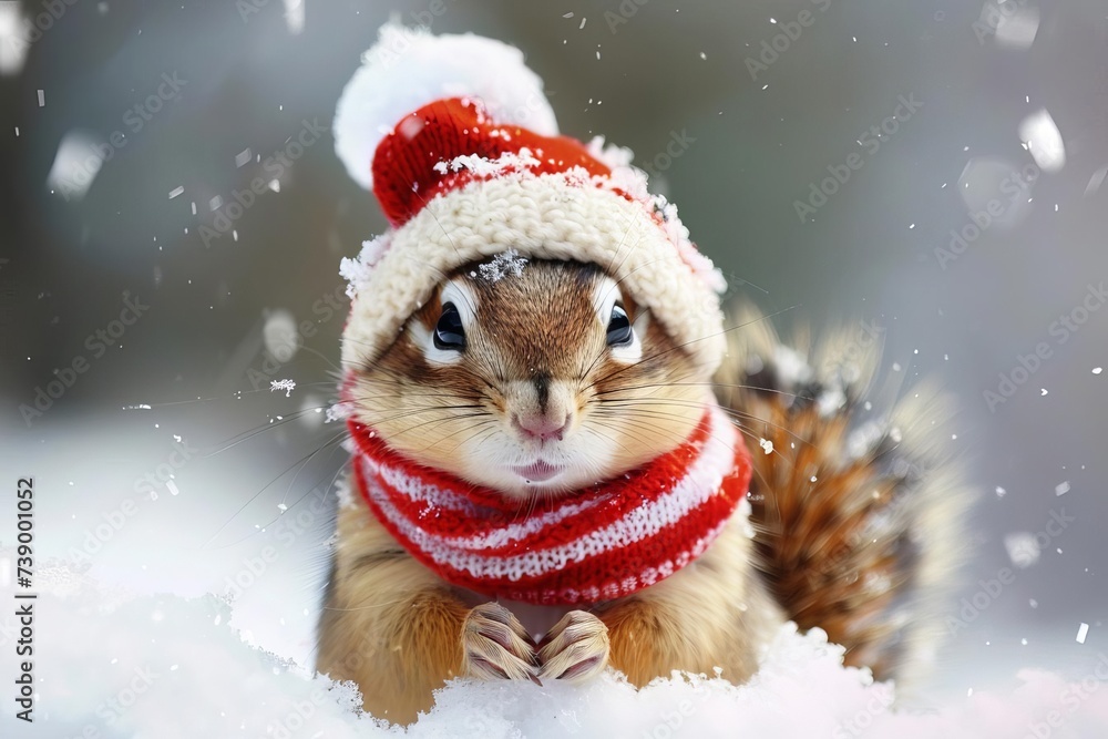 Chipmunk in winter attire Humorous animal portrait Festive holiday spirit Adorable and funny Chipmunk in winter attire Humorous animal portrait Festive holiday spirit Adorable and funny