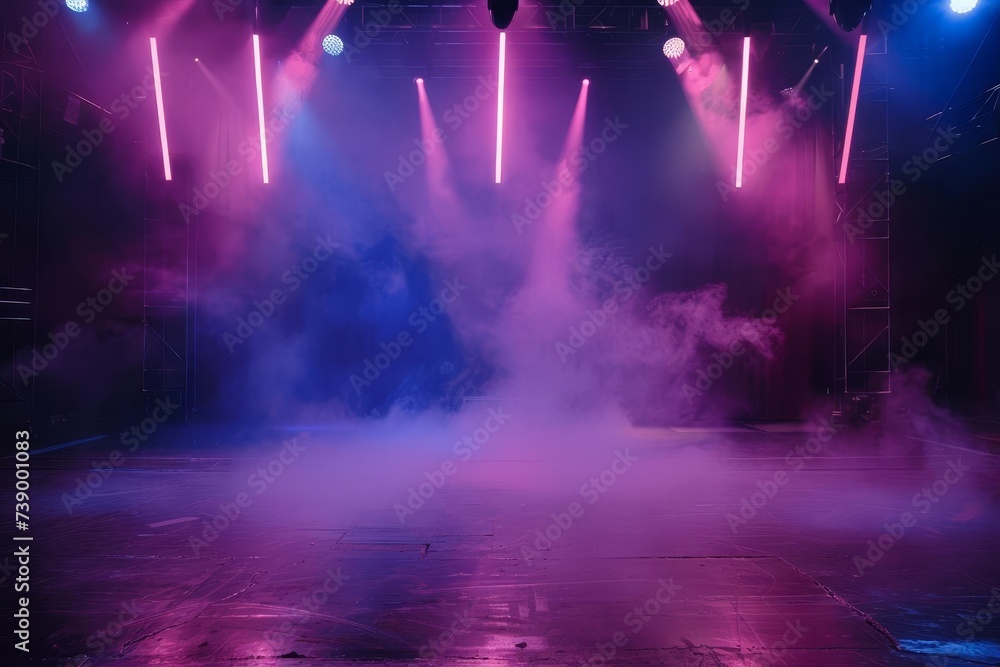 Dark and atmospheric stage setup with neon lighting and smoke. empty scene for showcasing products or performances With a mysterious and moody vibe.