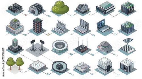 Detailed isometric icons set illustrating networking, represented in vector graphics photo