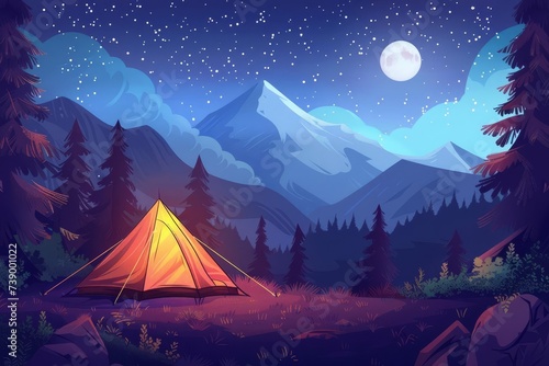 Mountain camping scene under starry sky Tent illuminated from within Adventure and exploration theme © Jelena