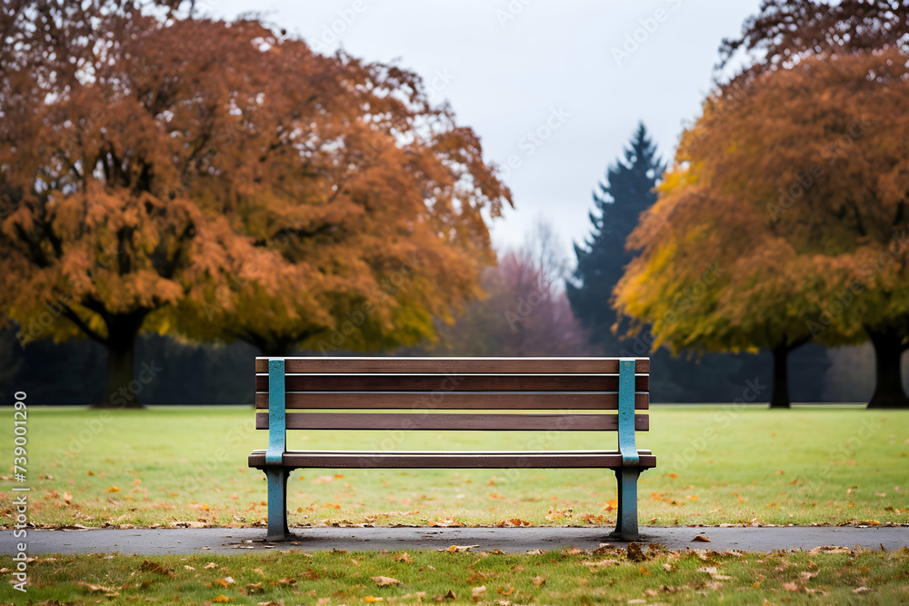 Bench in the park in autumn with trees in the background on a cloudy day