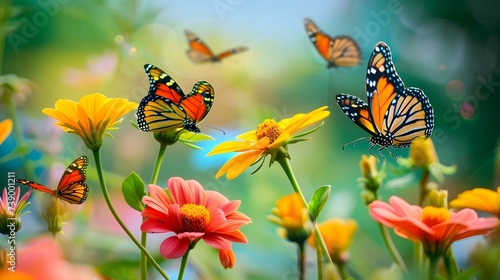 Peaceful Beautiful Butterflies Close Up On Flowers In The Meadows (Generative AI)