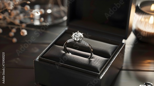 Engagement Diamond Ring In Black Jewelry Box Close Up (Generative AI) © Dee