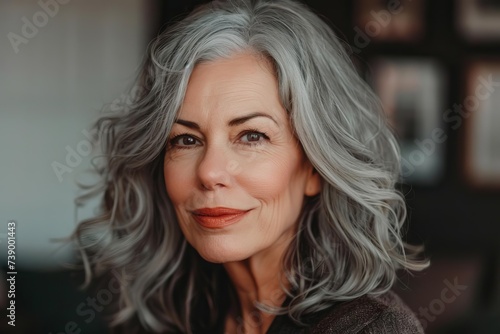 Elegant senior woman with grey hair Exuding confidence and grace. close-up portrait showcasing mature beauty and vibrant personality.