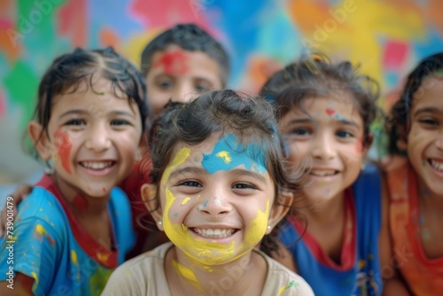 Group of diverse children celebrating world children's day Their faces radiant with joy United in painting a brighter future together. photo