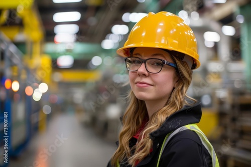 Female engineer in hard hat overseeing the manufacturing process on the factory floor