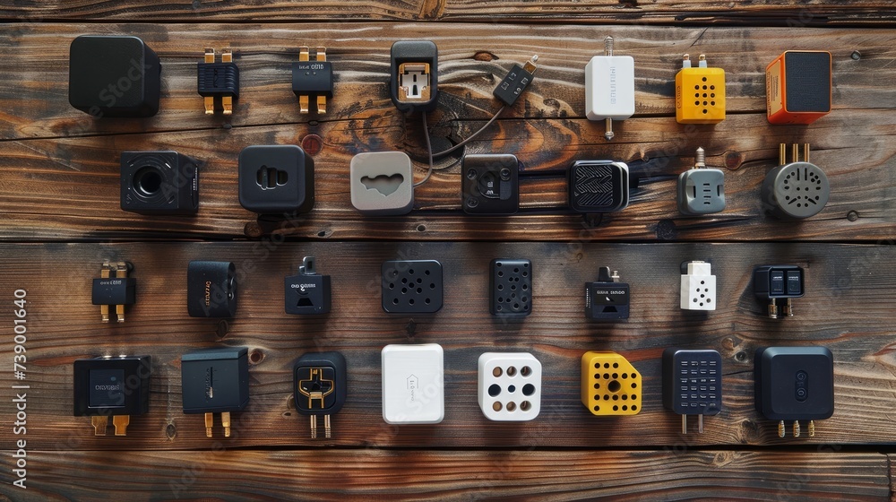 Universal plug adapters placed on a wooden background - obrazy, fototapety, plakaty 