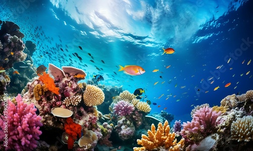 Underwater of sea full color coral and various kinds of fish view on top Ai Image Generative