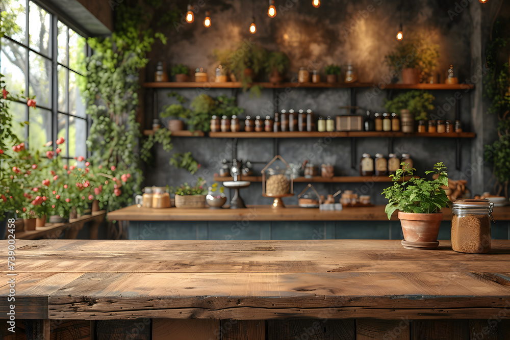 Empty wooden table top in focus, blurred bakery background. Blank desk for advertising product Empty wooden table top in focus, blurred bakery background. Blank desk for advertising product