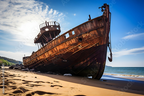Abandoned shipwreck on the beach of Baltic Sea in Poland