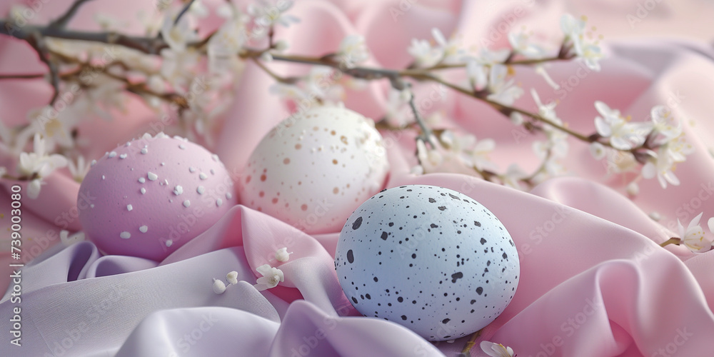 Beautiful Easter eggs and spring branches on fabric background, closeup Beautiful Easter eggs and spring branches on fabric background, closeup