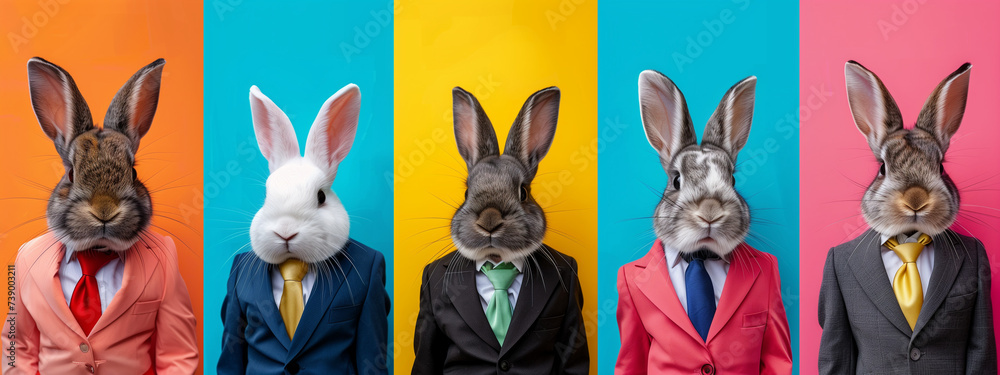Funny rabbits or bunny in suits and tie, on color background in row. Fancy rabbit banner, Easter bunny, Easter. - obrazy, fototapety, plakaty 